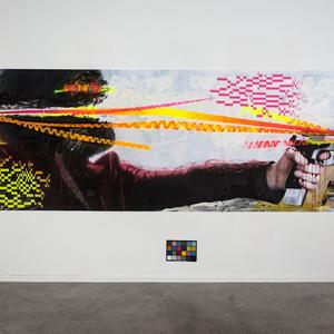 An installation view of a large scale painting in a gallery depicting to hands shooting guns